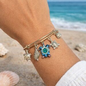 Sea Turtle Charm Bracelet Gold Tone Bangle Coastal Beach Jewelry Ocean